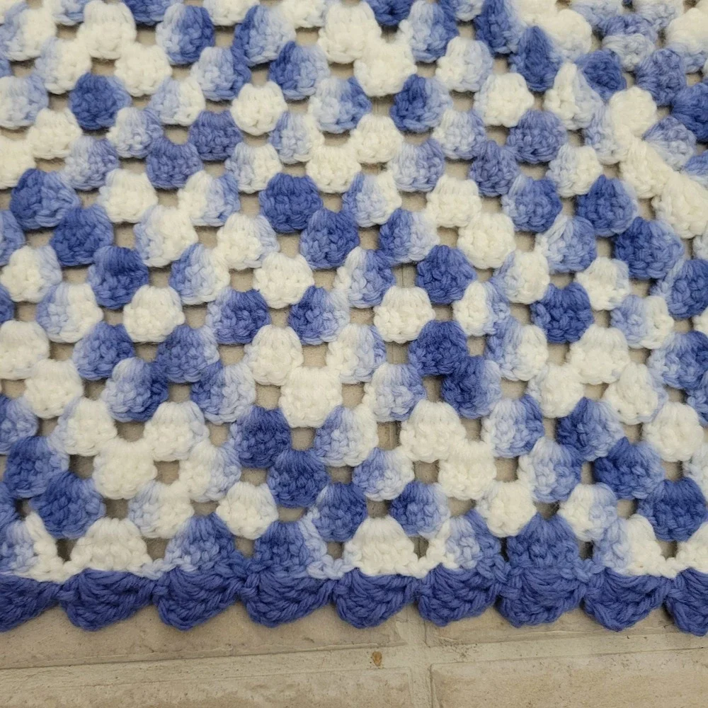 Handmade Crochet Throw Blanket 60x 60 Blue White Granny Square Vintage-style